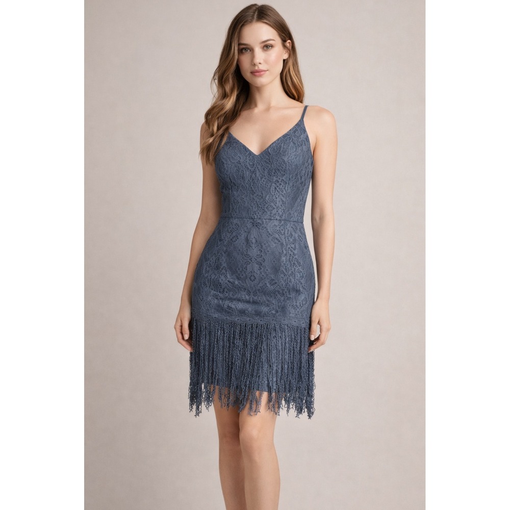 Two Sisters Blue Lace Fringe V Neck, Flapper Sexy, Whimsy, Vamp, Mini Dress Sz S
